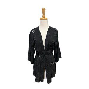 Vix Paula Hermanny Lara Kimono Swim Cover Up Size S Small Black Embroidered